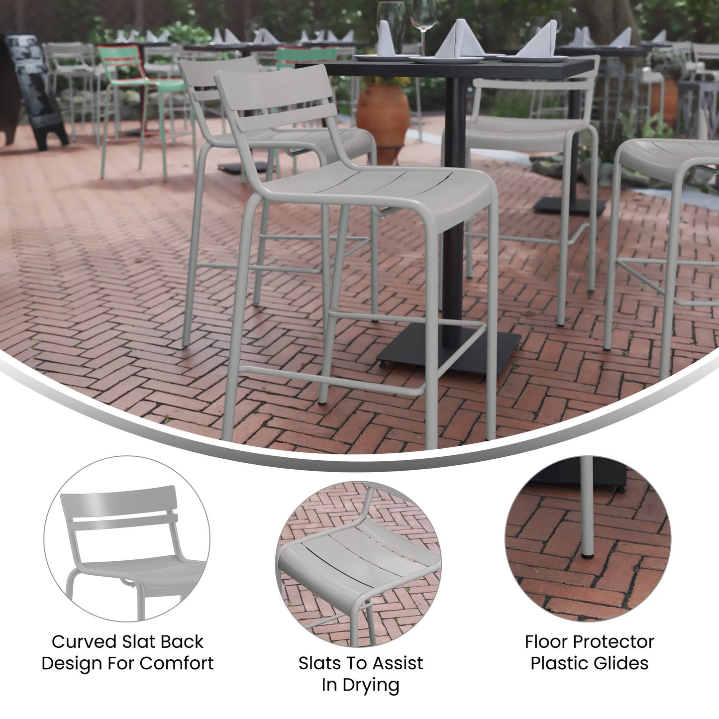 Silver Metal Bar Height Stool with 2 Slats