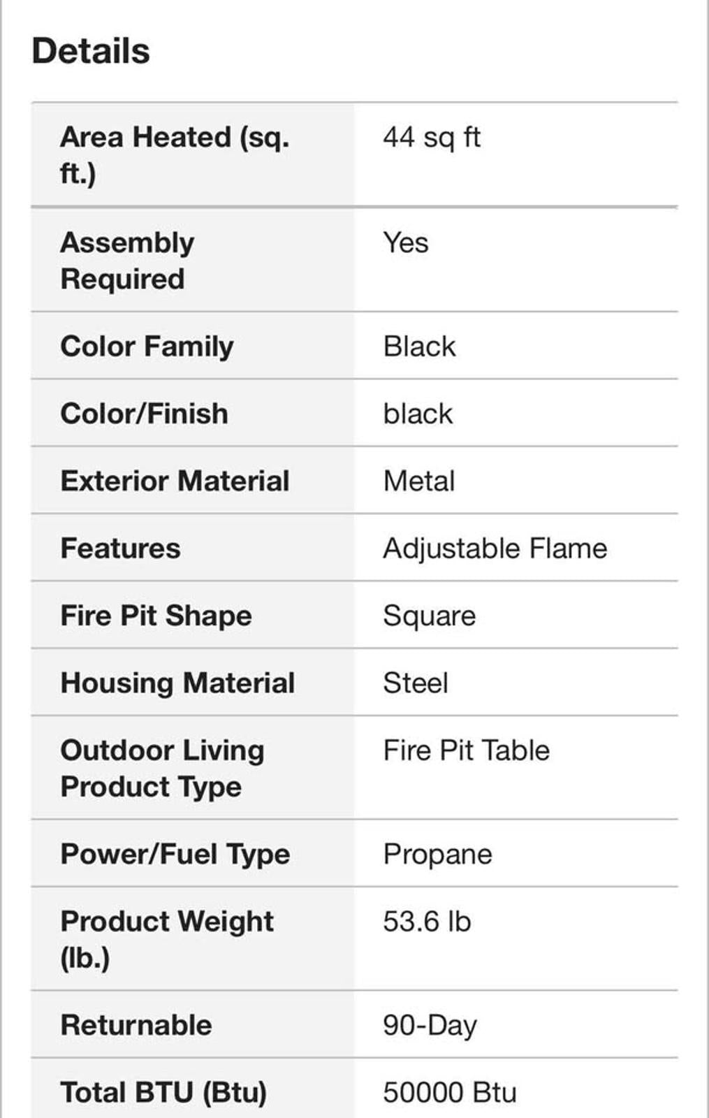 Hampton Bay-Home Depot 
30 in. W 50000 Btu black Steel Propane Outdoor Fire Pit Tablewith Lava Rocks
