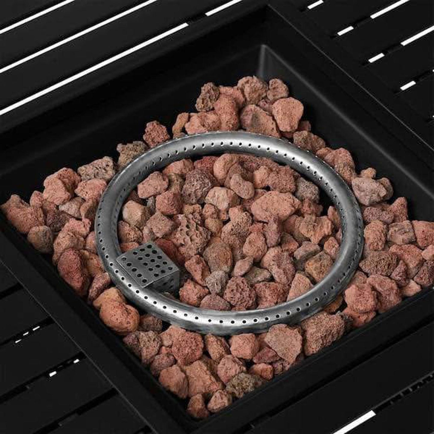 Hampton Bay-Home Depot 
30 in. W 50000 Btu black Steel Propane Outdoor Fire Pit Tablewith Lava Rocks