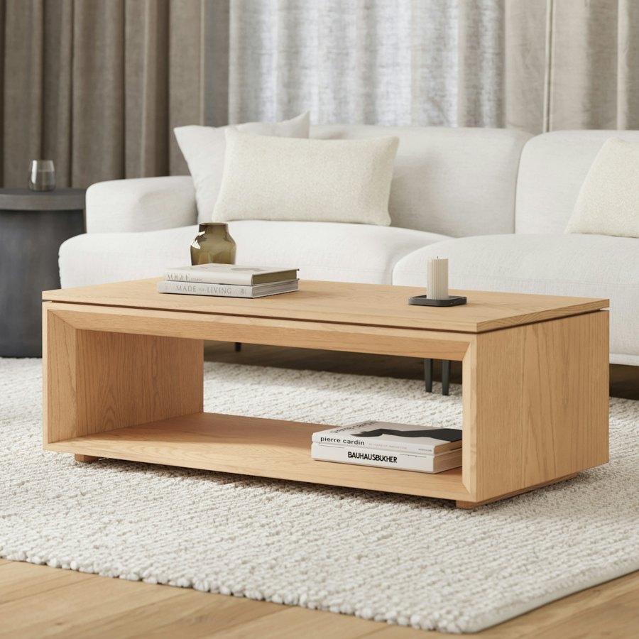 Oak coffee table with storage shelf reference product photo