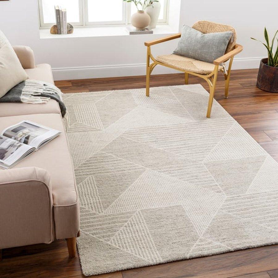 Neutral geometric area rug reference product photo